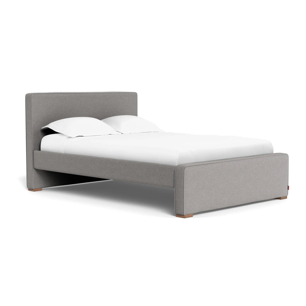 Full Size Dorma Bed in Grey Wool - High Head - Low Foot- Grey Wool Piping - Walnut Feet